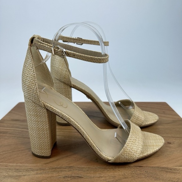 New NWOB Womens Sam Edelman Yaro Nude Woven Block Open Toe Heels Size 10.5 M - Picture 1 of 8